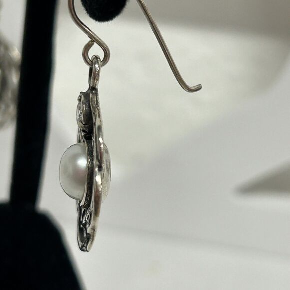 Didae Shablool Pearl CZ Modernist Dangle Earrings 925 Sterling Silver Signed - Picture 5 of 9